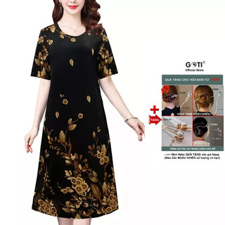 GOTI - Đầm Lụa Trung Niên Cao Cấp Dáng Suông Dài, Rộng Eo Giấu Bụng Tay Lỡ Bigsize Cho Mẹ U50 U60 3326
