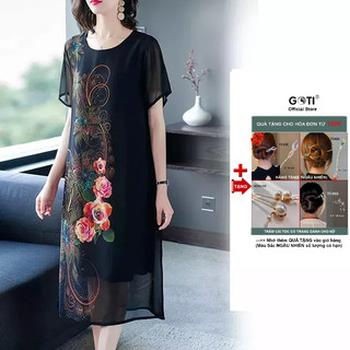 GOTI - Đầm Suông Trung Niên Dạo Phố Dáng Dài Tay Ngắn Che Bụng Bigsize Quà Tặng Cho Mẹ U50 U60 3220