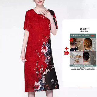 GOTI - Đầm Suông Tuổi Trung Niên Thiết Kế Cao Cấp Dáng Chữ A Vải Voan Hoa Cho Người Mập Tặng Mẹ U50 U60 3309