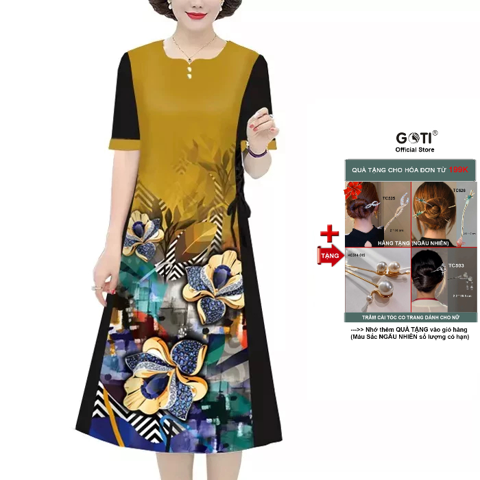 GOTI - Đầm Trung Niên Suông Bigsize Vải Lụa Tay Ngắn Váy Dài Qua Gối Nhiều Size Cho Người Mập 3333 3334