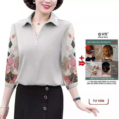 GOTI - Áo Trung Niên Nữ Dáng Suông Rộng Eo BigSize In Họa Tiết Hoa Sen Cho Mẹ U50 U60 3A26 3A29