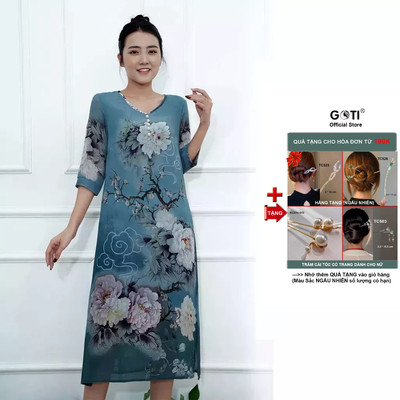 GOTI - Áo Đầm Trung Niên Dáng Suông Dài Tay Ngắn Giấu Bụng Rộng Eo Cho Mẹ U50 U60 3242 3226