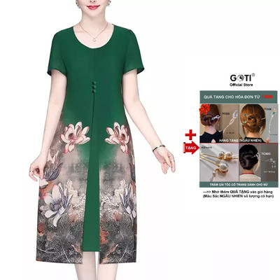 GOTI - Đầm Trung Niên Size Lớn Dự Tiệc Kiểu Dáng Suông Voan In Hoa Cho Mẹ U50 U60 3301