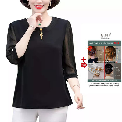 GOTI - Áo Kiểu Trung Niên Nữ U50-60 Bigsize Dành Tặng Mẹ Dạng Sơ Mi Xếp Ly Tay Loe Cổ Nhún Bèo 3A17