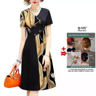 Đầm Trung Niên Sang Trọng Cao Cấp GOTI, Thiết Kế Trẻ Trung Cho Mẹ Dáng Xòe Hoa Tay Ngắn, Kích Thước BigSize 45~73kg 3337