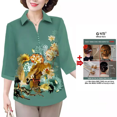 GOTI - Áo Trung Niên Kiểu Tặng Mẹ U50 U60 Tay Lững Dáng Dài Dạng Lụa Pháp Cao Cấp In 3D Hoa Tiết