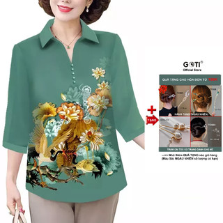 GOTI - Áo Trung Niên Kiểu Tặng Mẹ U50 U60 Tay Lững Dáng Dài Dạng Lụa Pháp Cao Cấp In 3D Hoa Tiết