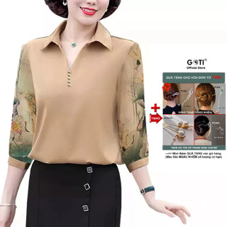 Áo Trung Niên Nữ Cao Cấp Cổ Sơ Mi Bigsize Kiểu Tay Lỡ In Hoạ Tiết Phối Phụ Kiện GOTI 3A33 3A26 3A27