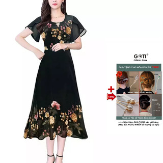 GOTI - Đầm Xòe Dáng Dài Quý Bà Kiều Đầm Xòe Trung Niên Size Lớn In Hoa Có Size Cho Người Mập 3339 3254