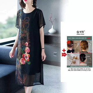 GOTI - Đầm Trung Niên Dáng Suông Dài, Tay Ngắn Voan 2 Lớp Che Bụng Cho Mẹ U50 U60 3274 3280 3318 3220
