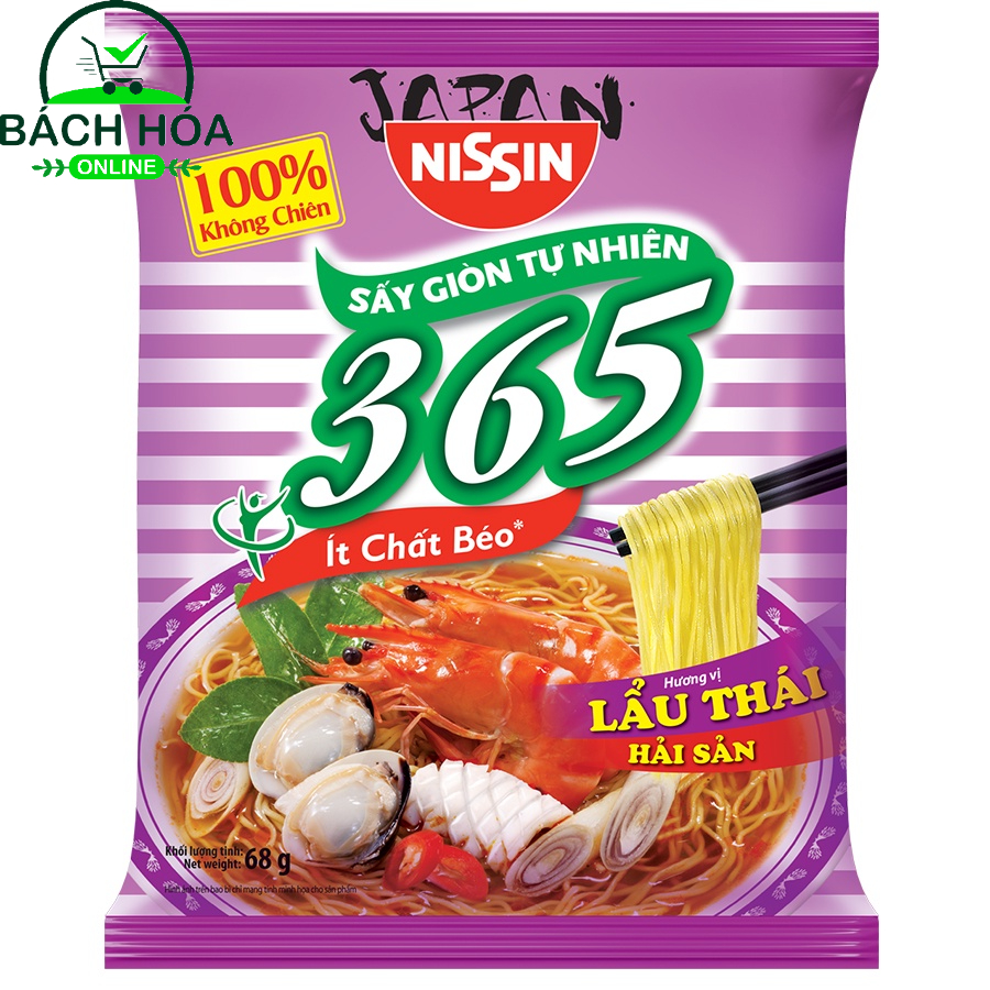 Thùng 30 gói mì không chiên Nissin 365  Xí Quách Thịt Bằm,  Lẩu Thái Hải Sản, Rong Biển