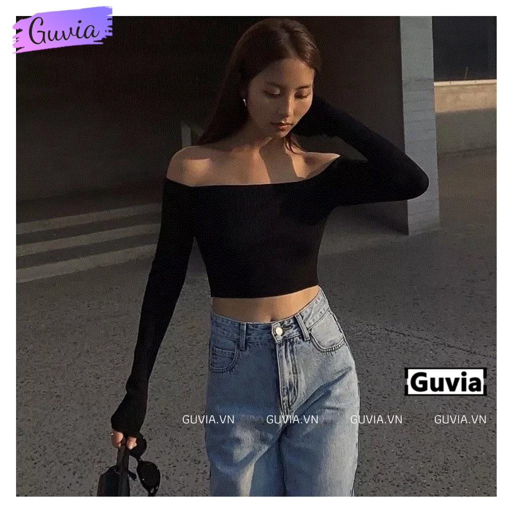 Áo Croptop Nữ TAY DÀI TRỄ VAI Ôm Body, Áo Thun Croptop Kiểu Sexy Chất Thun Borip Thời Trang GUVIA