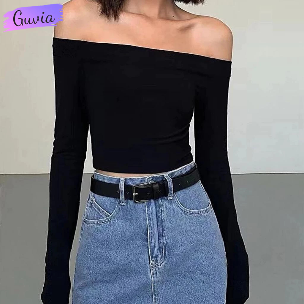 Áo Croptop Nữ TAY DÀI TRỄ VAI Ôm Body, Áo Thun Croptop Kiểu Sexy Chất Thun Borip Thời Trang GUVIA