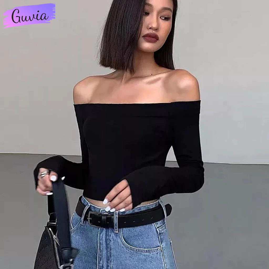 Áo Croptop Nữ TAY DÀI TRỄ VAI Ôm Body, Áo Thun Croptop Kiểu Sexy Chất Thun Borip Thời Trang GUVIA