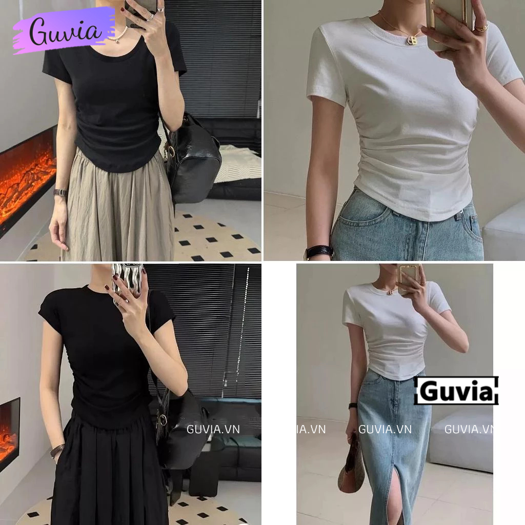 Áo Thun Nữ TAY NGẮN CỔ TRÒN VẠT BẦU NHÚN EO, Áo Thun Chất Thun Gân Co Dãn Ôm Body GUVIA