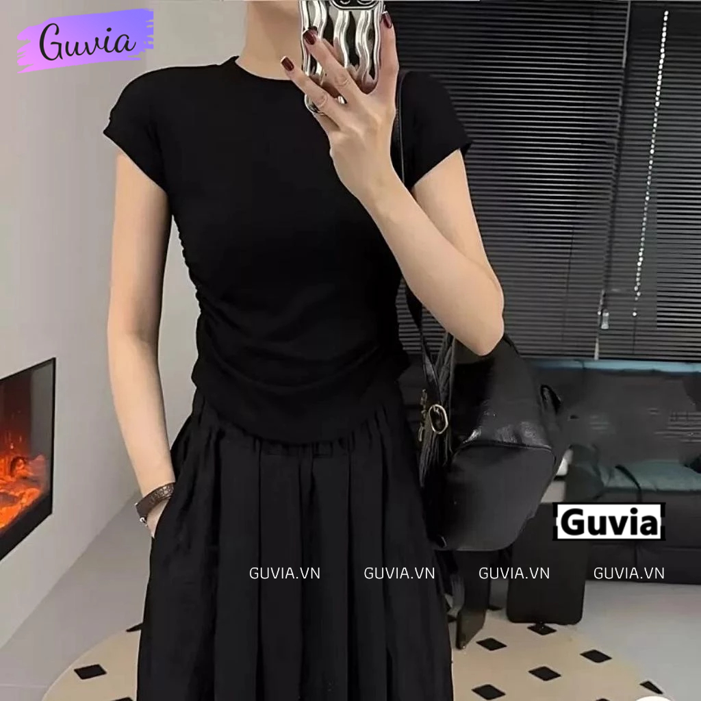 Áo Thun Nữ TAY NGẮN CỔ TRÒN VẠT BẦU NHÚN EO, Áo Thun Chất Thun Gân Co Dãn Ôm Body GUVIA