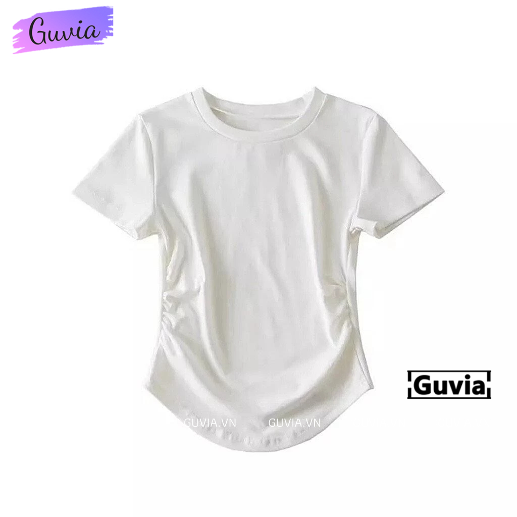 Áo Thun Nữ TAY NGẮN CỔ TRÒN VẠT BẦU NHÚN EO, Áo Thun Chất Thun Gân Co Dãn Ôm Body GUVIA