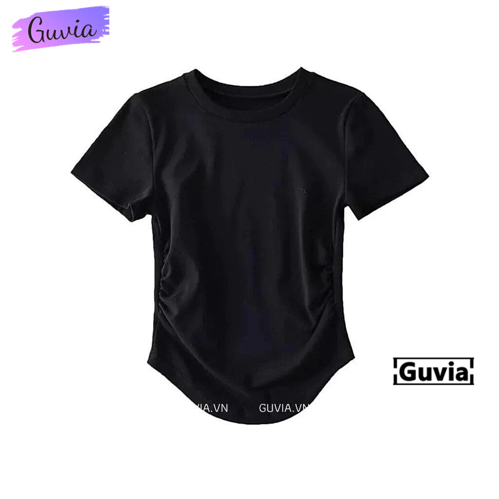 Áo Thun Nữ TAY NGẮN CỔ TRÒN VẠT BẦU NHÚN EO, Áo Thun Chất Thun Gân Co Dãn Ôm Body GUVIA