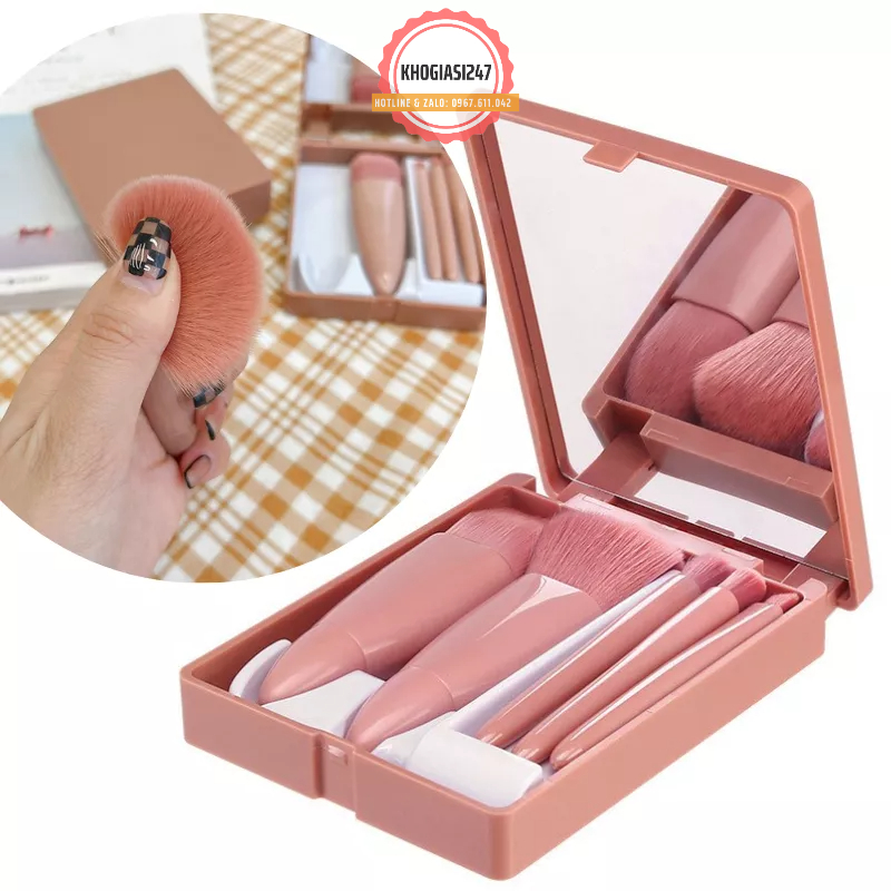 Bộ Hộp Cọ Trang Điểm 5 Món Kèm Gương Soi Cao Cấp - Bộ Cọ Make up Màu Hồng Nhỏ Gọn Chuyên Dụng Cho Các Bạn Nữ