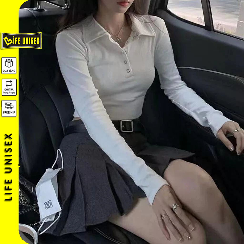 Áo Croptop Nữ Tay Dài CÚC BẤM Cổ Polo, Áo Thun Croptop Có Chun Ôm Eo Kiểu Sexy Chất Thun Gân