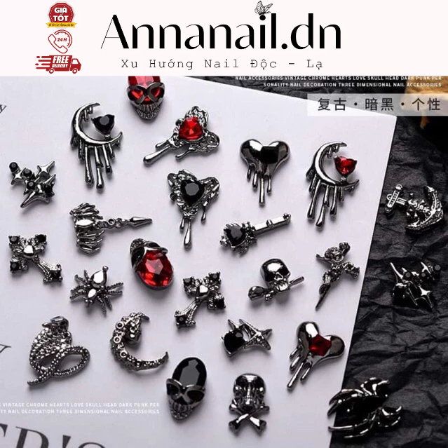 Charm nail Halloween hình nhện, đầu lâu, trái tim