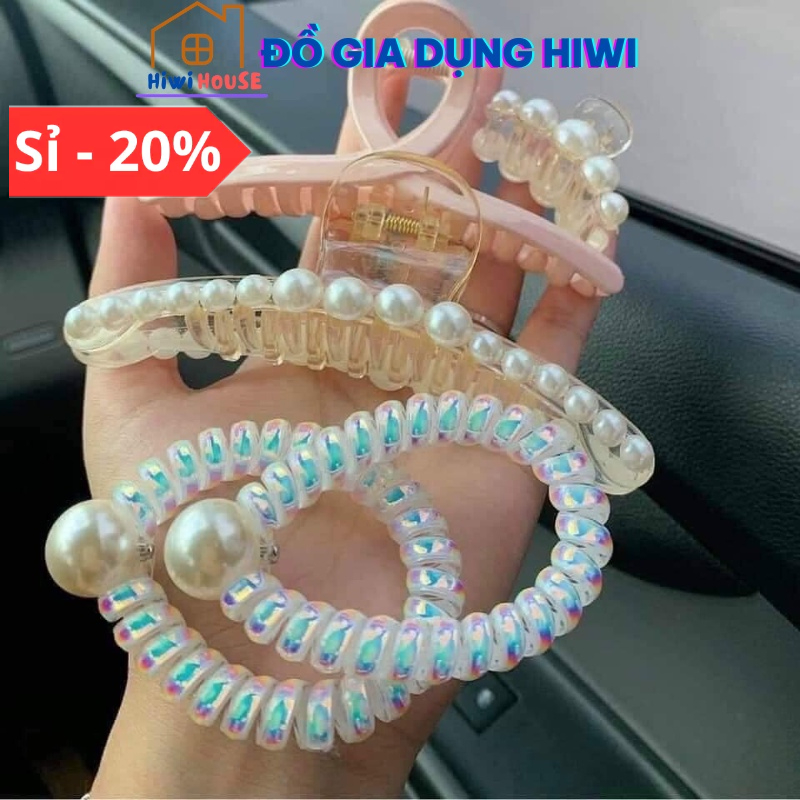 Sét 5 Kẹp Tóc Ngoạm Giả Ngọc Trai Kèm Dây Buộc Siêu Sang