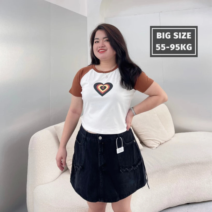 (Có Bigsize) Áo Croptop Bigsize Phối Tay Áo Màu Trắng Nâu, Chất Cotton In Hình Trái Tim 50-85kg