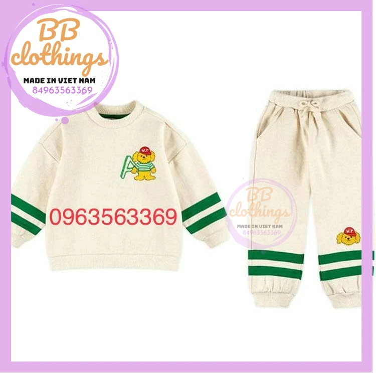 Bộ nỉ bông cotton cho bé trai, bé gái xuất hàn Walton