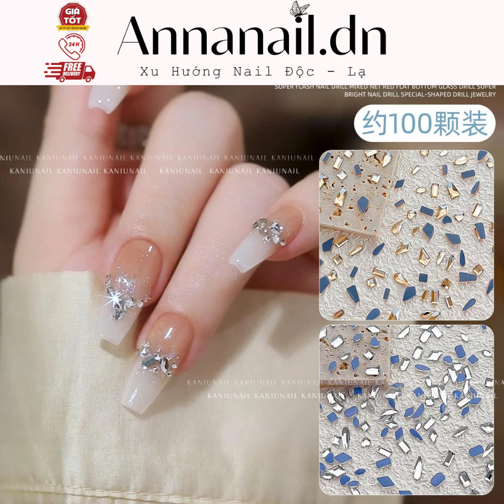 50 viên đá nail size mini màu Vàng Trà / Trắng / Xanh AB, đá chân bằng nail size mini đính móng