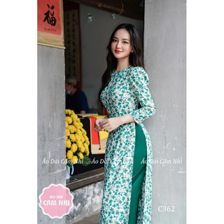 Áo dài hoa nhí cổ tròn tay Phồng C362