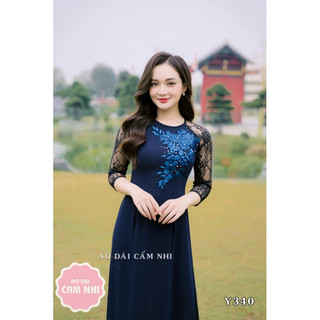 Áo dài Lụa tằm Ý kết duy băng Y340, Áo dài xanh cổ tròn phối tay Ren