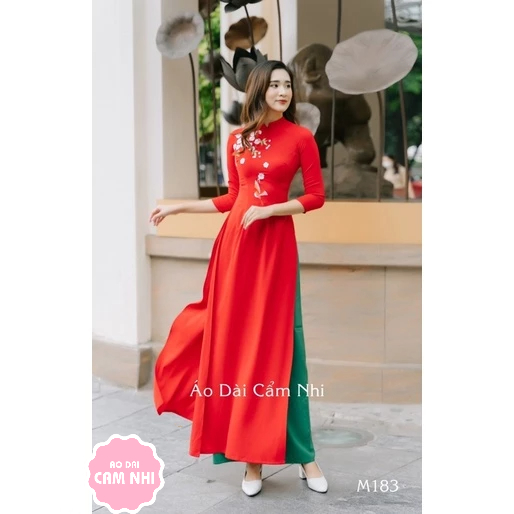 Áo dài đỏ Thêu hoa Đào chim én cổ cao M183, áo dài cổ cao truyền thống