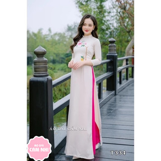 Áo dài truyền thống thêu hoa T334, áo dài tây thi màu nude
