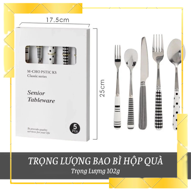 Set dao muỗng nĩa ăn Steak Hepburn tay cầm bằng sứ INOX 304