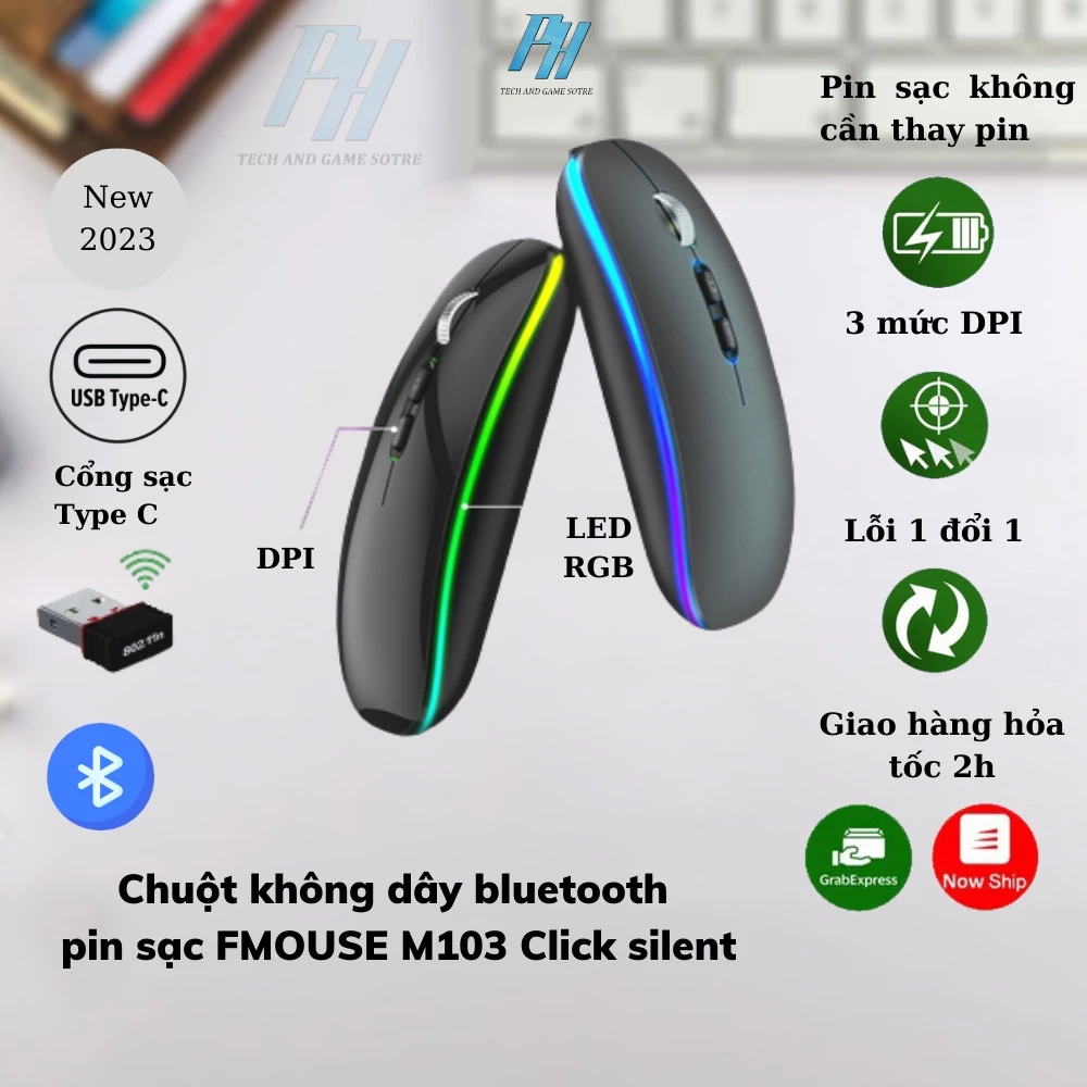 Chuột Không Dây Bluetooth FMOUSE M103 pin sạc type C không ồn  LED RGB cho máy tính - Hàng Chính Hãng
