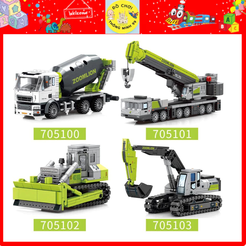 Mô hình Lego xe công trường, máy xúc, máy ủi, cần cẩu