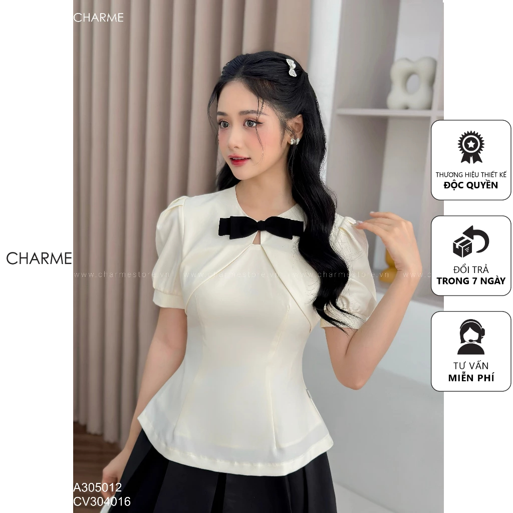 Áo Peplum cổ đính nơ cách điệu tay phồng dáng công sở trẻ trung Charme 305012