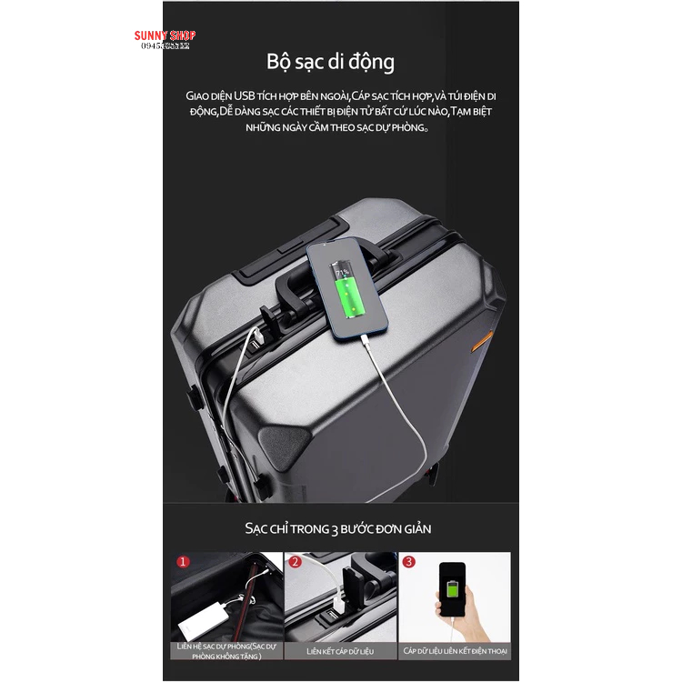 Vali du lịch, vali khóa sập du lịch USB Nội Địa Trung, khung nhôm nhựa ABS siêu bền,  - Kích thước 20, 24 inch