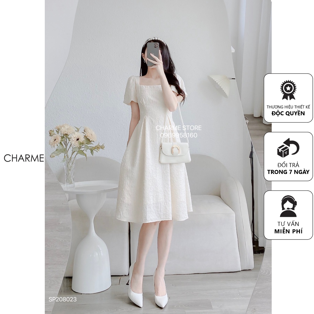 Váy chiffon ép cổ vuông thiết kế Charme 208023
