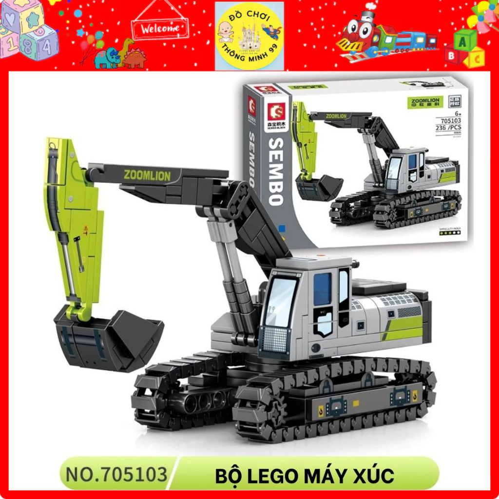 Mô hình lego xe ủi, xe xúc, xe cần cẩu, xe trộn bê tông cho bé