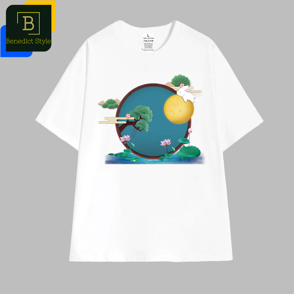 Cao cấp - Áo thun oversize Thỏ Ngọc ôm mặt trăng trên hồ Sen cute Trung Thu Mid Autumn festival shir