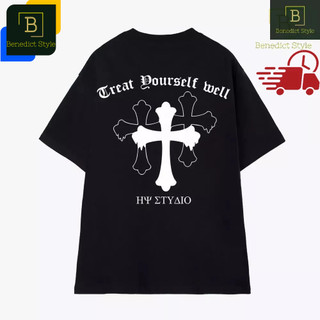 Cao cấp - Áo thun oversize áo thun unisex phom rộng in hình Thập tự giá và chữ Treat Yourself Well