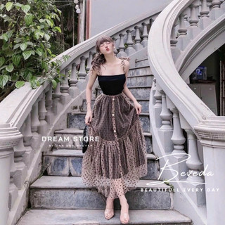 Đầm hai dây cột nơ phối lưới chấm bi dáng dài midi