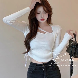 Áo croptop nữ kiểu rút dây eo phối chéo cổ tay dài