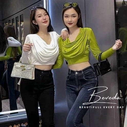 Áo Thun Kiểu Nữ Croptop Cổ Đổ Tay Dài Ôm Body Chất Nhũ Quảng Châu Cao Cấp Chuẩn Form