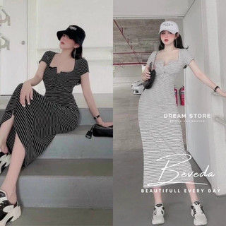 Đầm body nữ dáng midi sọc ngang cổ vuông cài nút tay ngắn