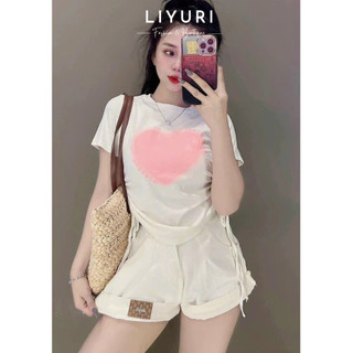 Áo croptop ôm body tay ngắn in hình trái tim rút dây hai bên hông