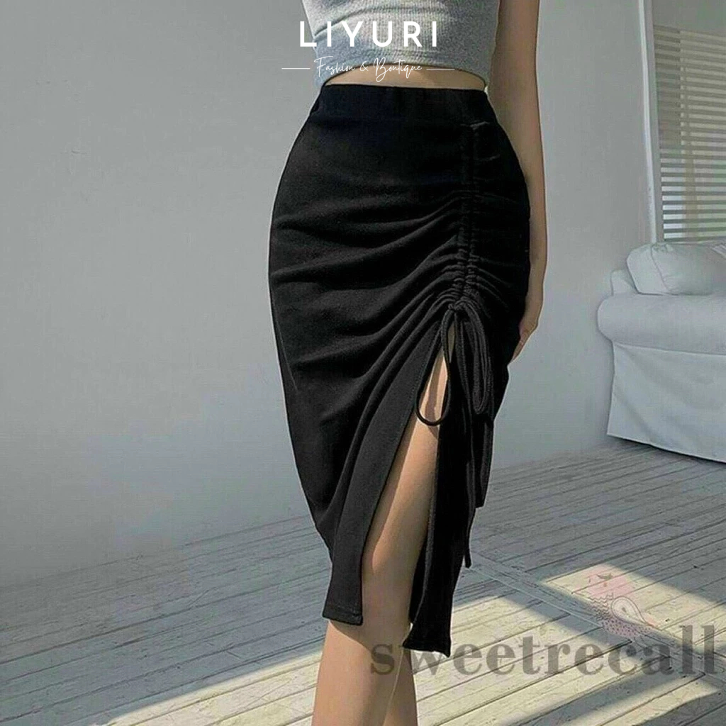 Chân váy xẻ rút dây chất thun borip