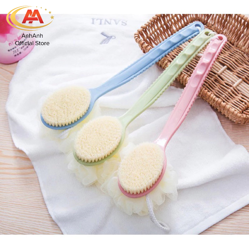 Cây bông tắm chà lưng AnhAnh cán nhựa dài thiết kế 2 đầu chải và bông tiện lợi