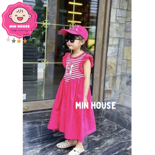 Váy thô kẻ sọc tay cánh tiên in hình gấu cầu vồng cho bé gái diện đi học, đi chơi